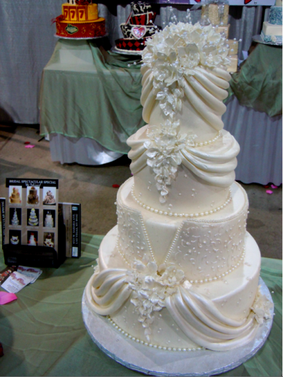 traditional, tiered, white wedding cake with details of bride's dress