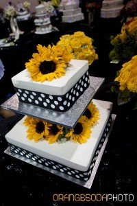 white pedastal cake with black and white polka dot ribbon, fresh sunflowers