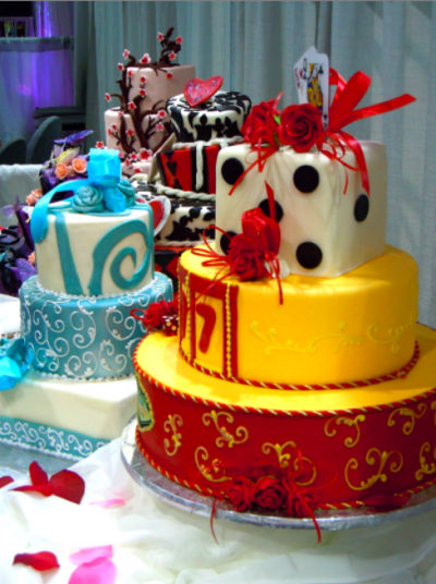 Las Vegas wedding cake with dice and playing cards