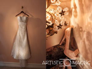 bridal gown hangs on wall, shoes sparkle in the light