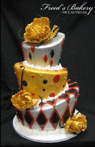 Mad Hatter Cake in gold, white, black, and red