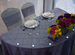 sweetheart table with lavender linens