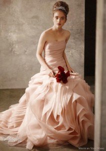 woman in blush bridal gown with merlot calla lilies