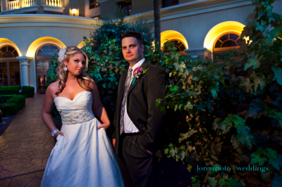 bride in sweetheart gown and groom in gray suit with intriguing tie