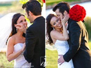 groom wipes away bride's tears