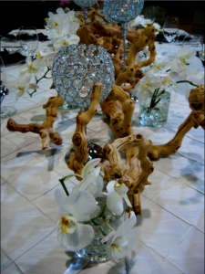 driftwood and crystal centerpiece