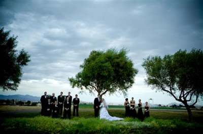 wedding party by trees