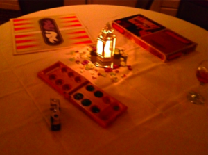 board game table with candle centerpiece