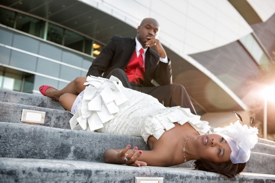 fashion forward bride and groom on stairs