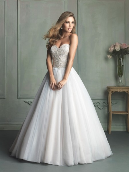 Allure Bridals ball gown wedding dress with beaded bodice and sweetheart neck.