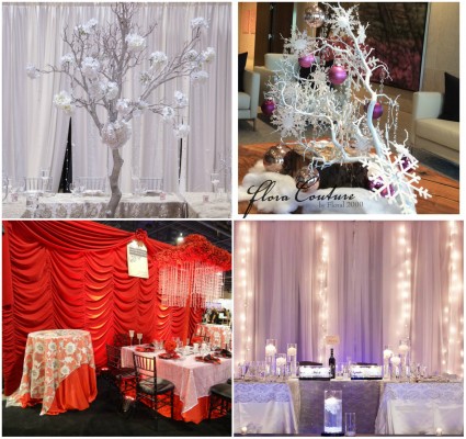 Left: Wedding décor by Jovani Linens & Florals Top Right: décor by Flora Couture by Floral 200 Bottom Right: Wedding décor by Jovani Linens & Florals    