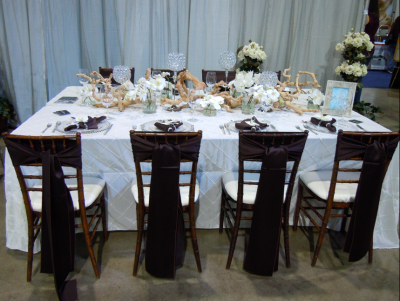 reception table with white tablecloth, brown silk on chiavari chairs, wooden centerpiece