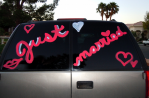 car with "Just Married" on window